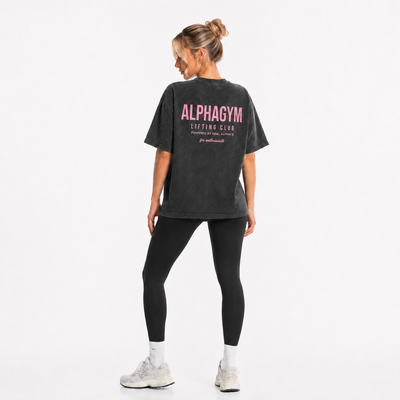 ALPHA GYM "LIFTING CLUB" OVERSIZED WOMEN T-SHIRT GREY WASHED/ PINK