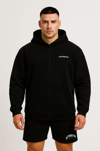 ALPHA GYM "INVICTUS" OVERSIZED FITNESS ZIPPER HOODIE BLACK