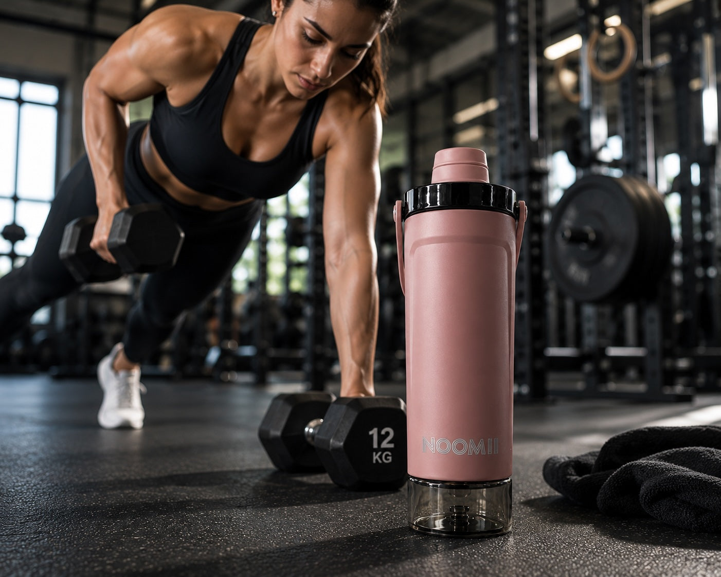 Frau beim Hanteltraining im Gym mit dem NooMii ProShake 600 in Bronze im Vordergrund