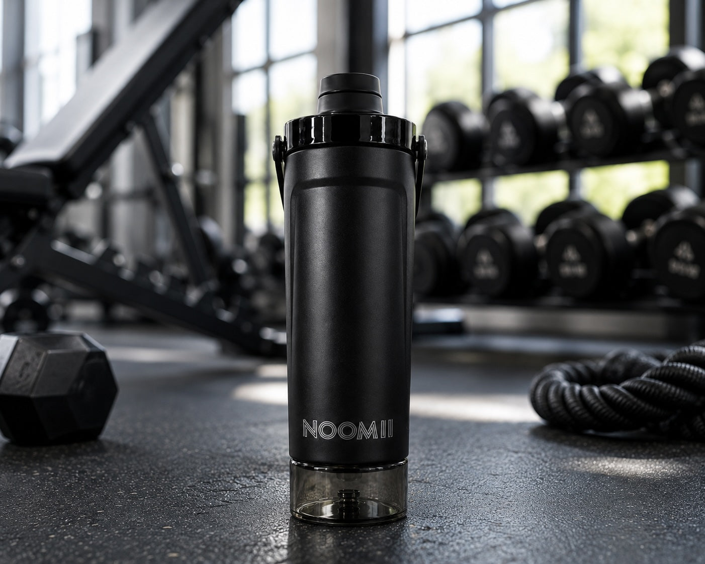 NooMii ProShake 600 in Schwarz im Fitnessstudio neben Hanteln und Battle Ropes