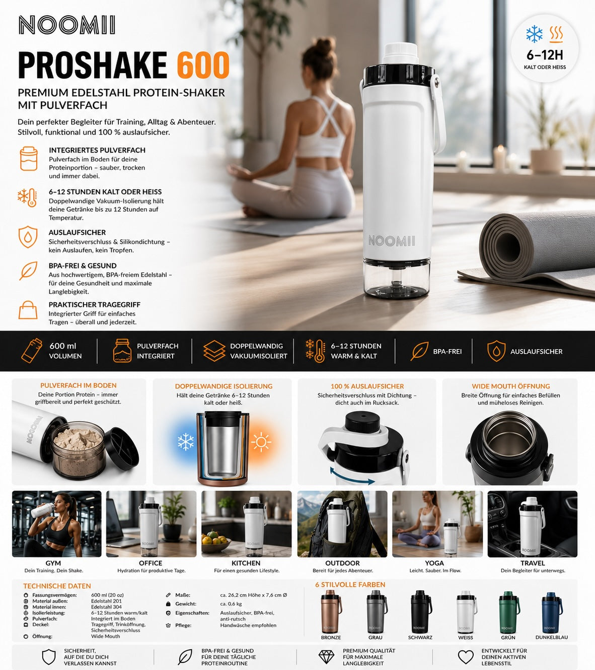 Infografik NooMii ProShake 600: Edelstahl-Protein-Shaker mit Pulverfach und 6 bis 12 Stunden Isolierung