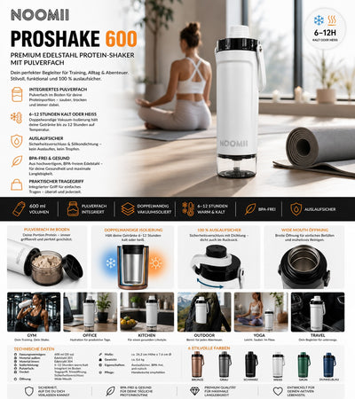 Infografik NooMii ProShake 600: Edelstahl-Protein-Shaker mit Pulverfach und 6 bis 12 Stunden Isolierung