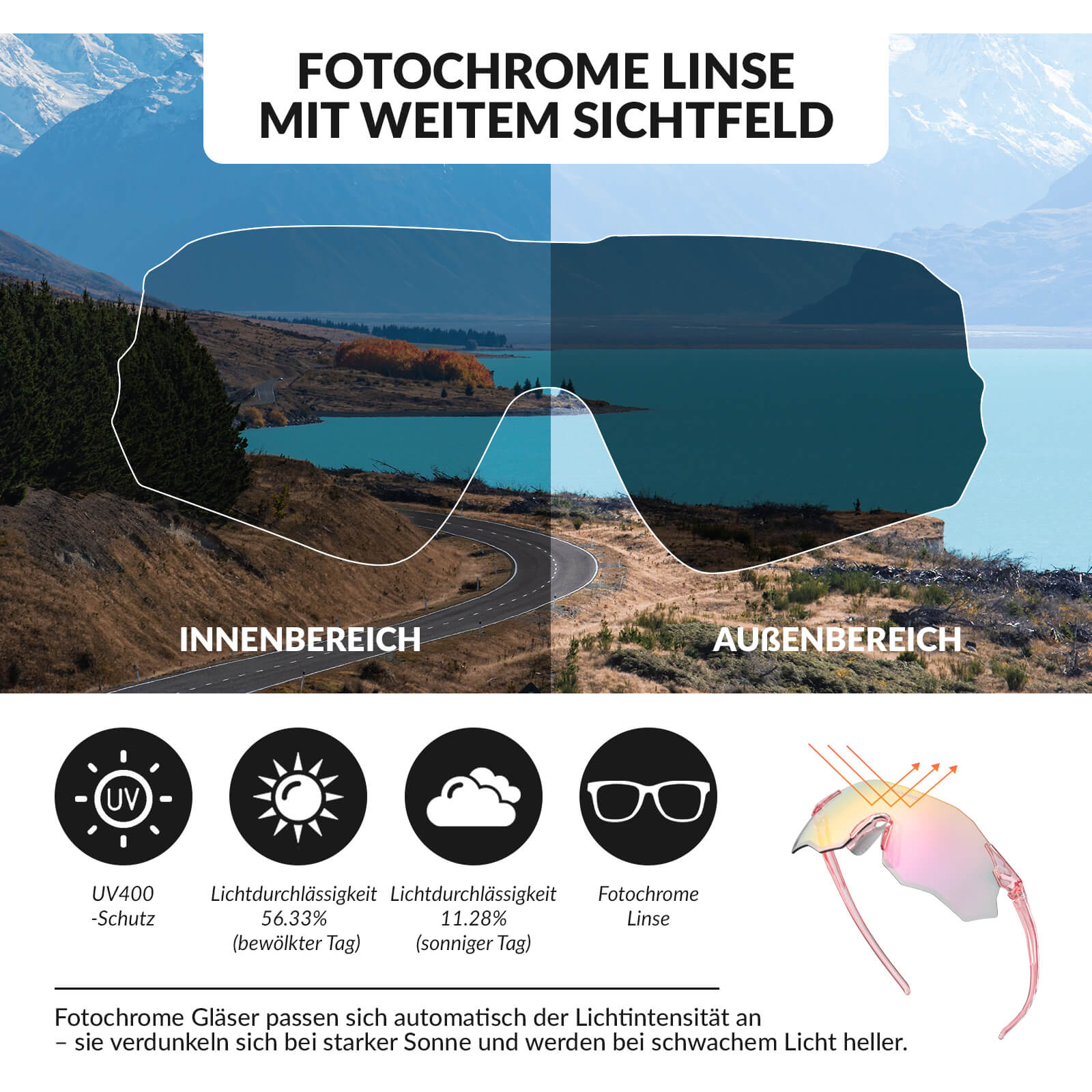 Fahrradbrille Selbsttönend UV400 - Schutz Ohne Rahmen - SWIFT - Fahrradbrille ROCKBROS - EU - NooMii