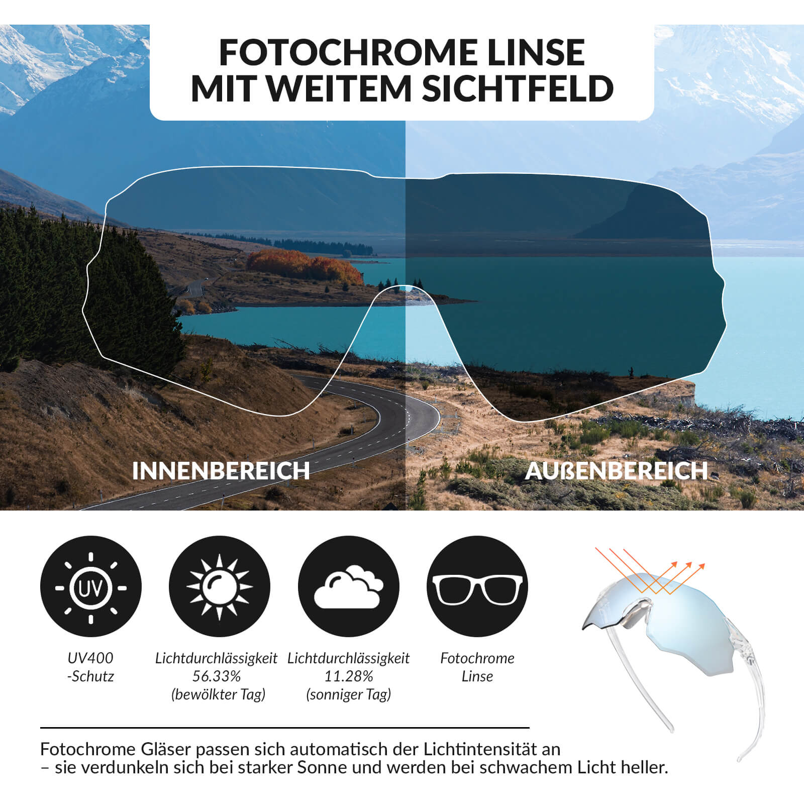 Fahrradbrille Selbsttönend UV400 - Schutz Ohne Rahmen - SWIFT - Fahrradbrille ROCKBROS - EU - NooMii