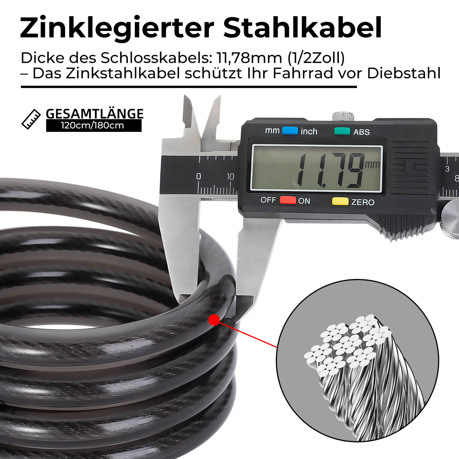 Fahrradschloss Kabelschloss 4 - Stellig Zahlencode mit Licht 120cm/180cm - Fahrradschloss ROCKBROS - EU - NooMii