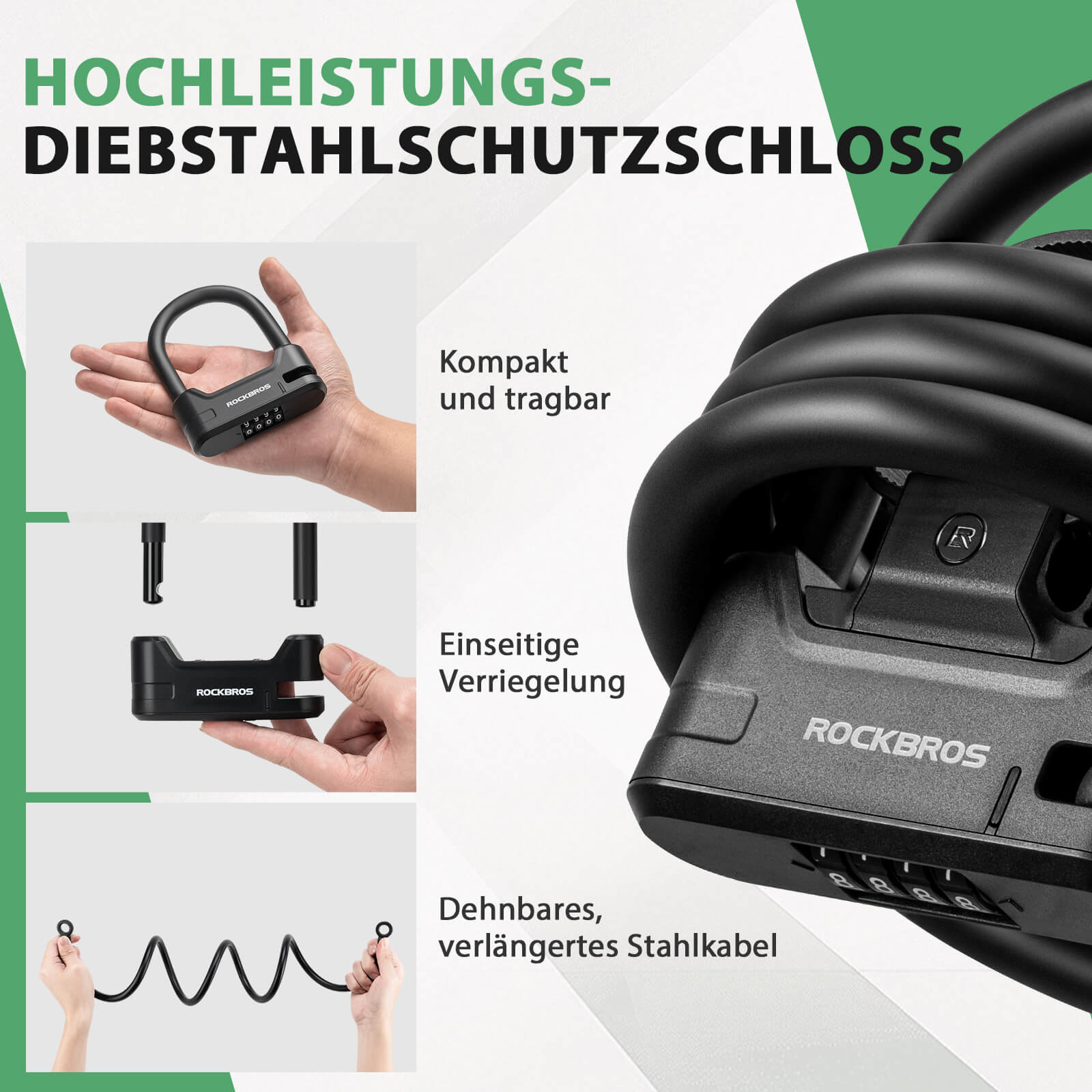 Fahrradschloss Zahlenschloss U - Bügelschloss mit Kabel ca. 1.1m - Fahrradschloss ROCKBROS - EU - NooMii