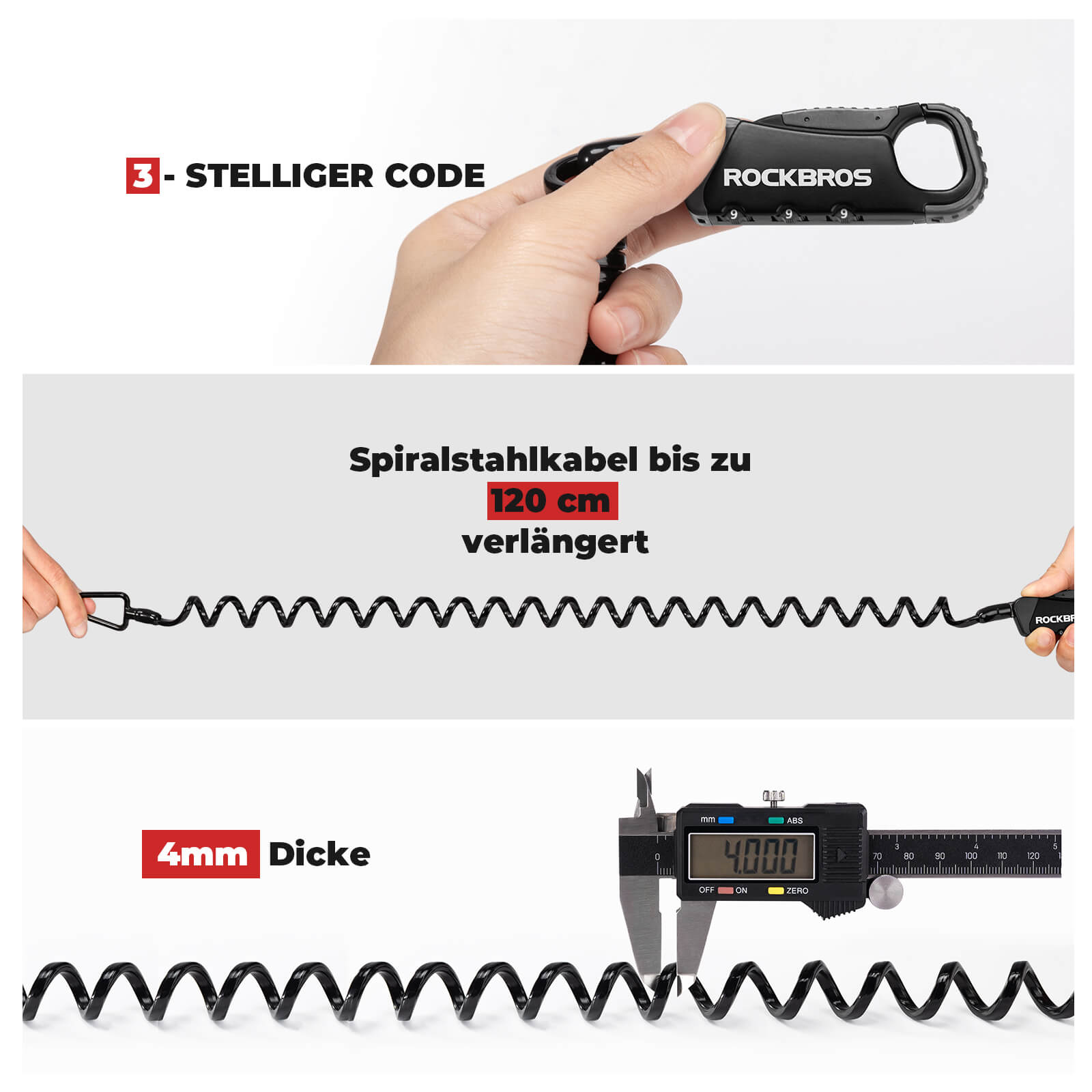 Kabelschloss Zahlenschloss Helmschloss 120cm Leicht - Fahrradschloss ROCKBROS - EU - NooMii