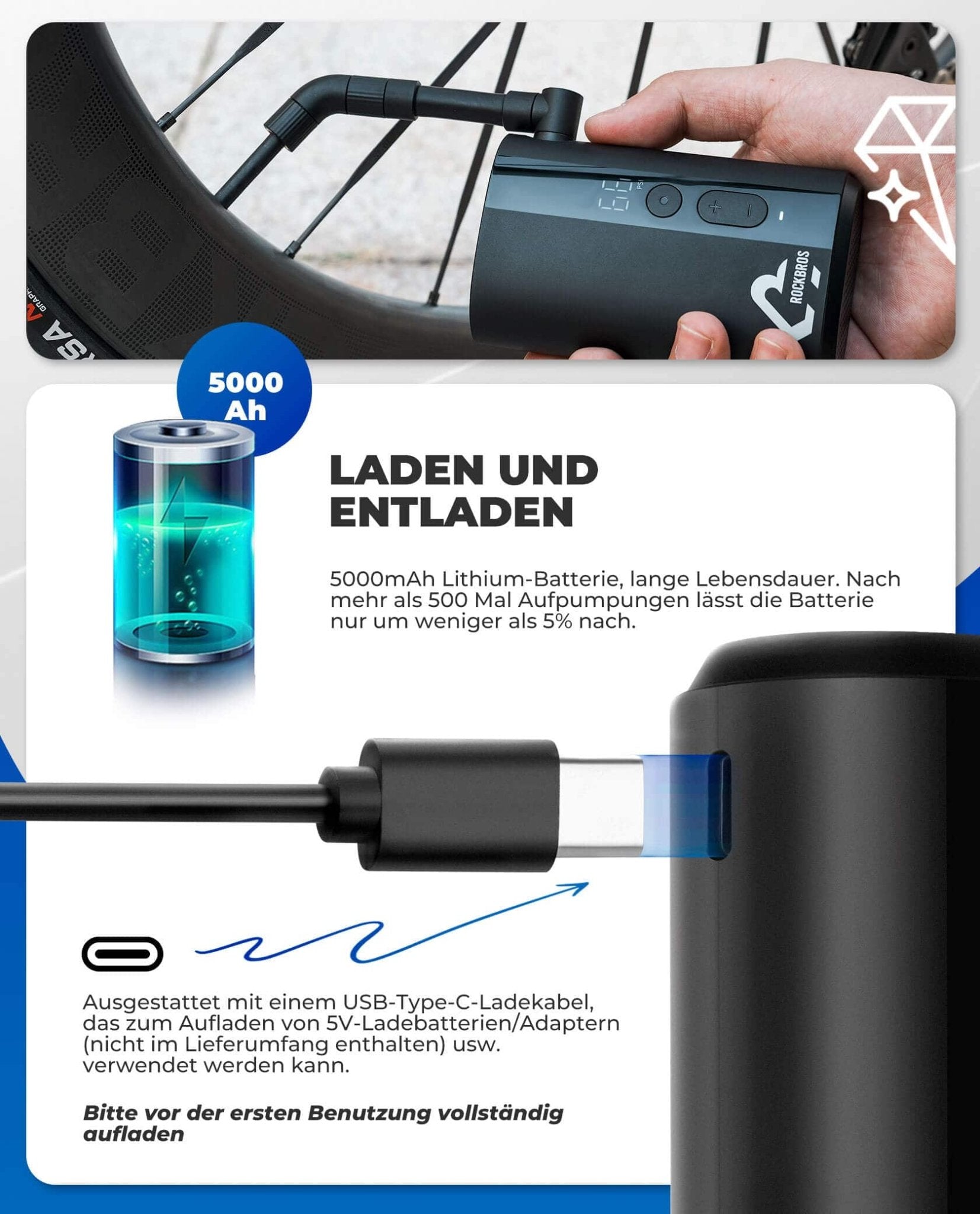 Mini Elektrische Akku Luftpumpe LED - Anzeige - Fahrrad Luftpumpen ROCKBROS - EU - NooMii