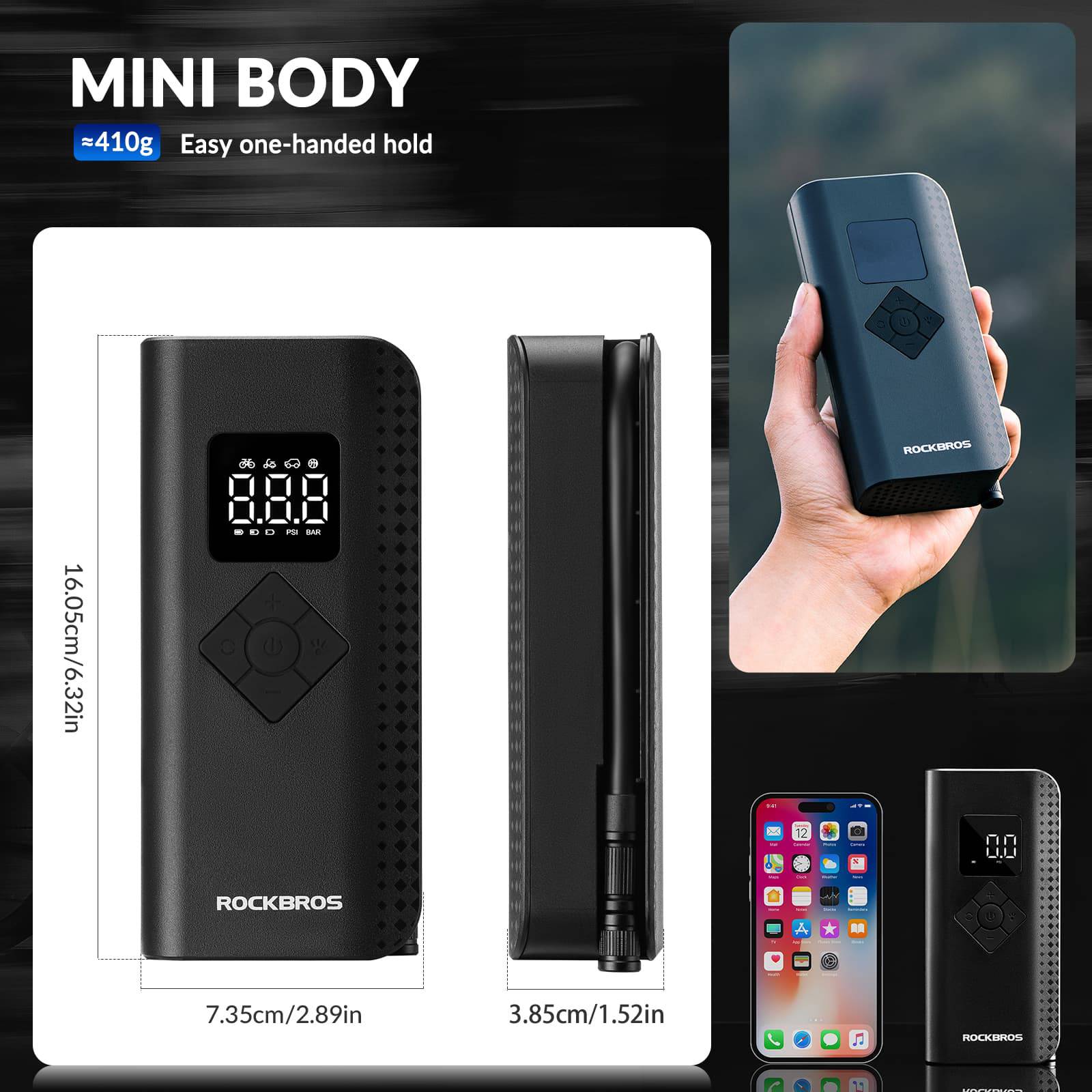 Mini Elektrische Luftpumpe 7 - 150PSI 5 Modi - Fahrrad Luftpumpen ROCKBROS - EU - NooMii