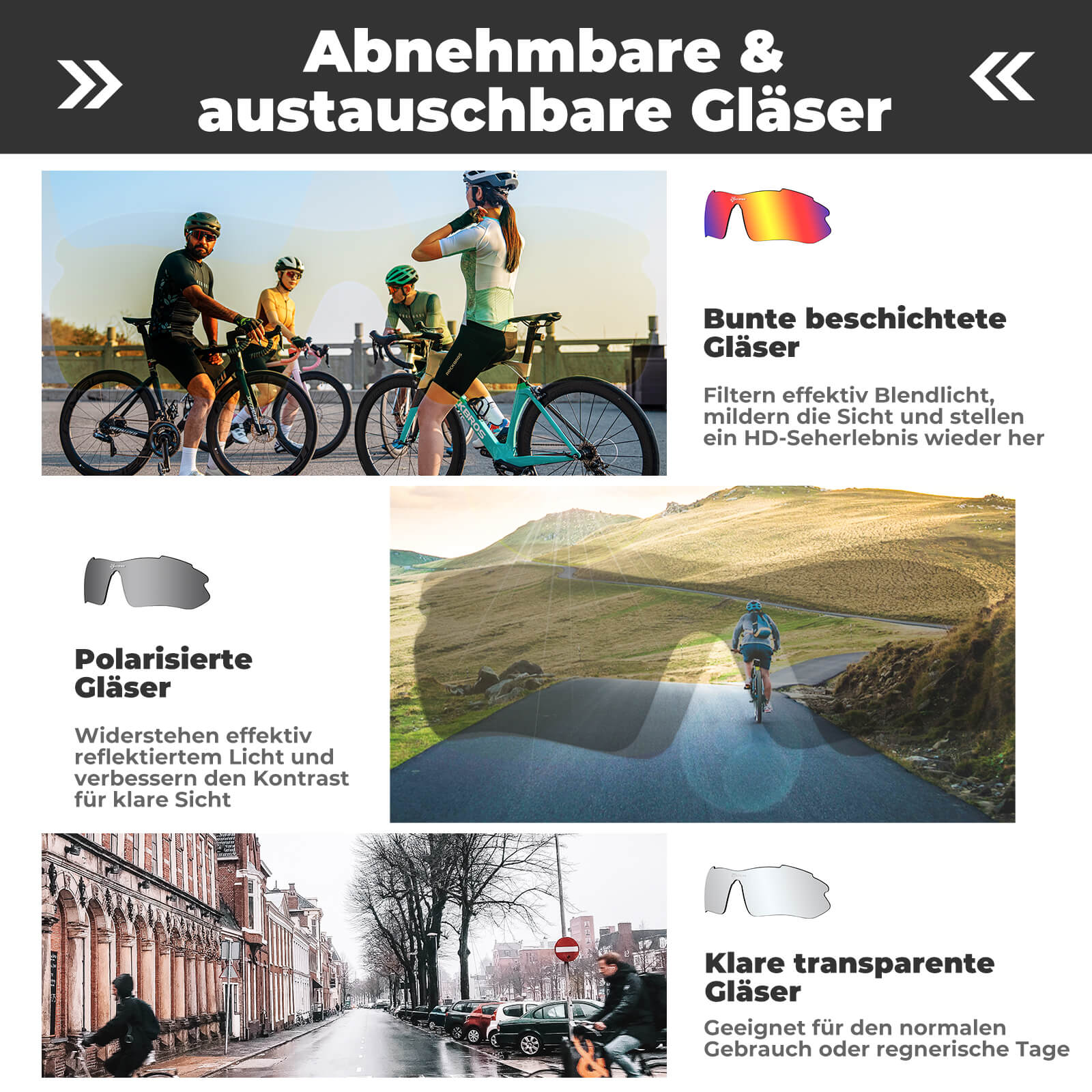 Polarisierte Fahrradbrille mit wechselbaren Gläsern UV - Schutz Unisex - Fahrradbrille ROCKBROS - EU - NooMii