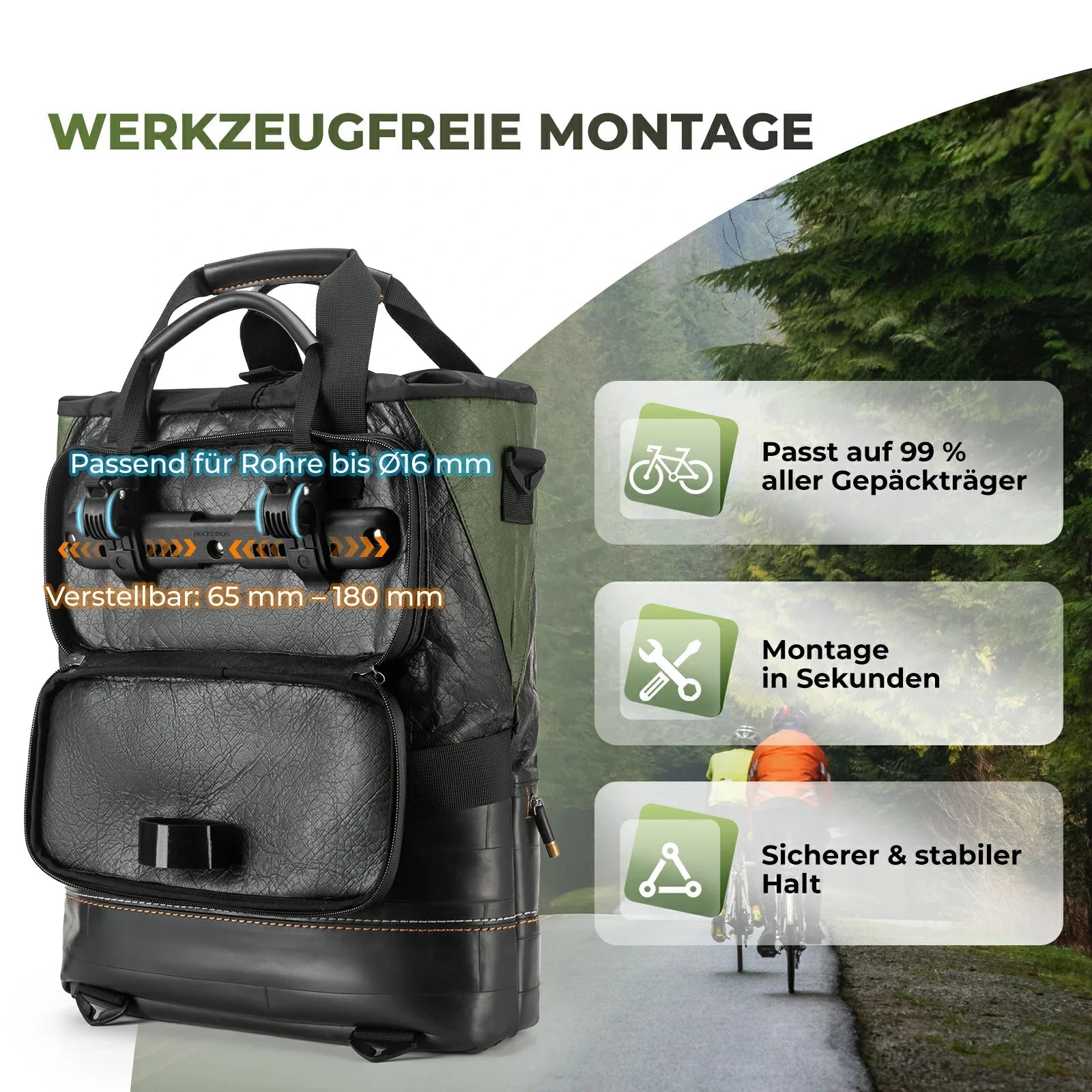 ROAD TO SKY Nachhaltige Fahrrad - Gepäckträgertasche aus recycelten Reifen 12L - Fahrradtaschen ROCKBROS - EU - NooMii