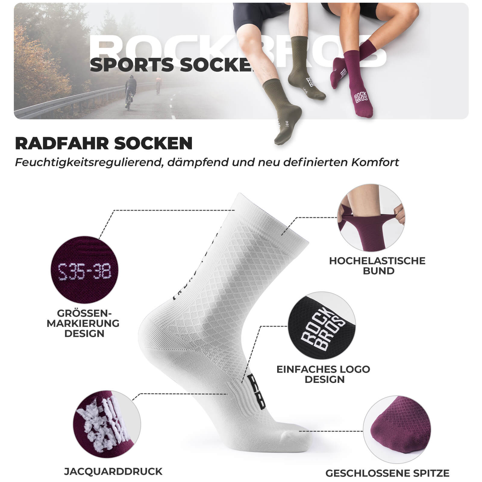 ROAD TO SKY Sportsocken Baumwolle Atmungsaktive Laufsocken für MTB & Rennrad - Fahrradsocken ROCKBROS - EU - NooMii