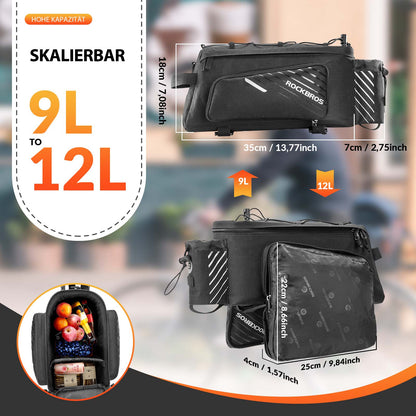 ROCKBROS Fahrrad Gepäckträgertasche Schwarz 9 - 12L mit 2 faltbare Seitentaschen - Fahrradtaschen ROCKBROS - EU - NooMii