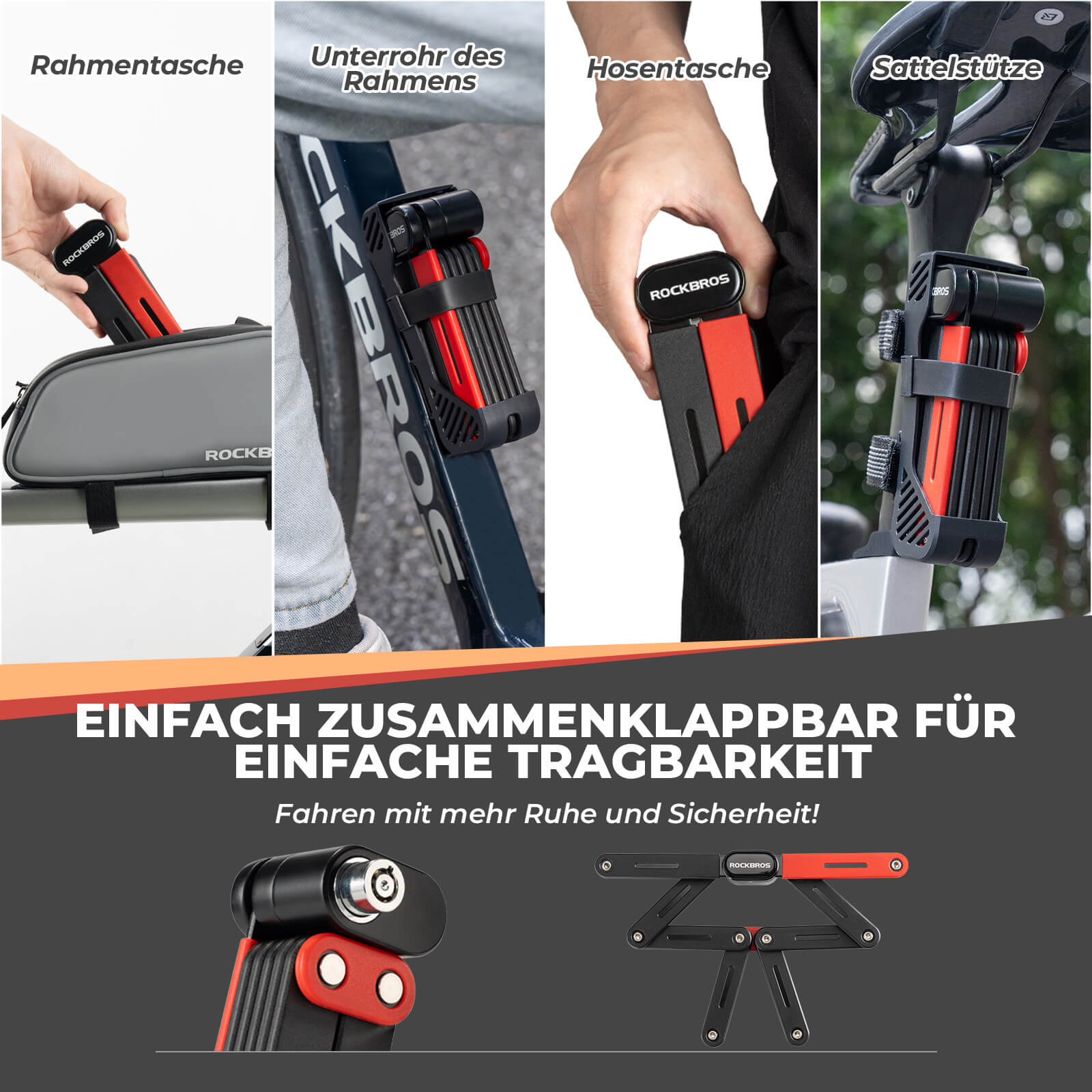 ROCKBROS Fahrrad Klapp - Fahrradschloss Robust Diebstahlschutz mit 2 Schlüsseln - Fahrradschloss ROCKBROS - EU - NooMii