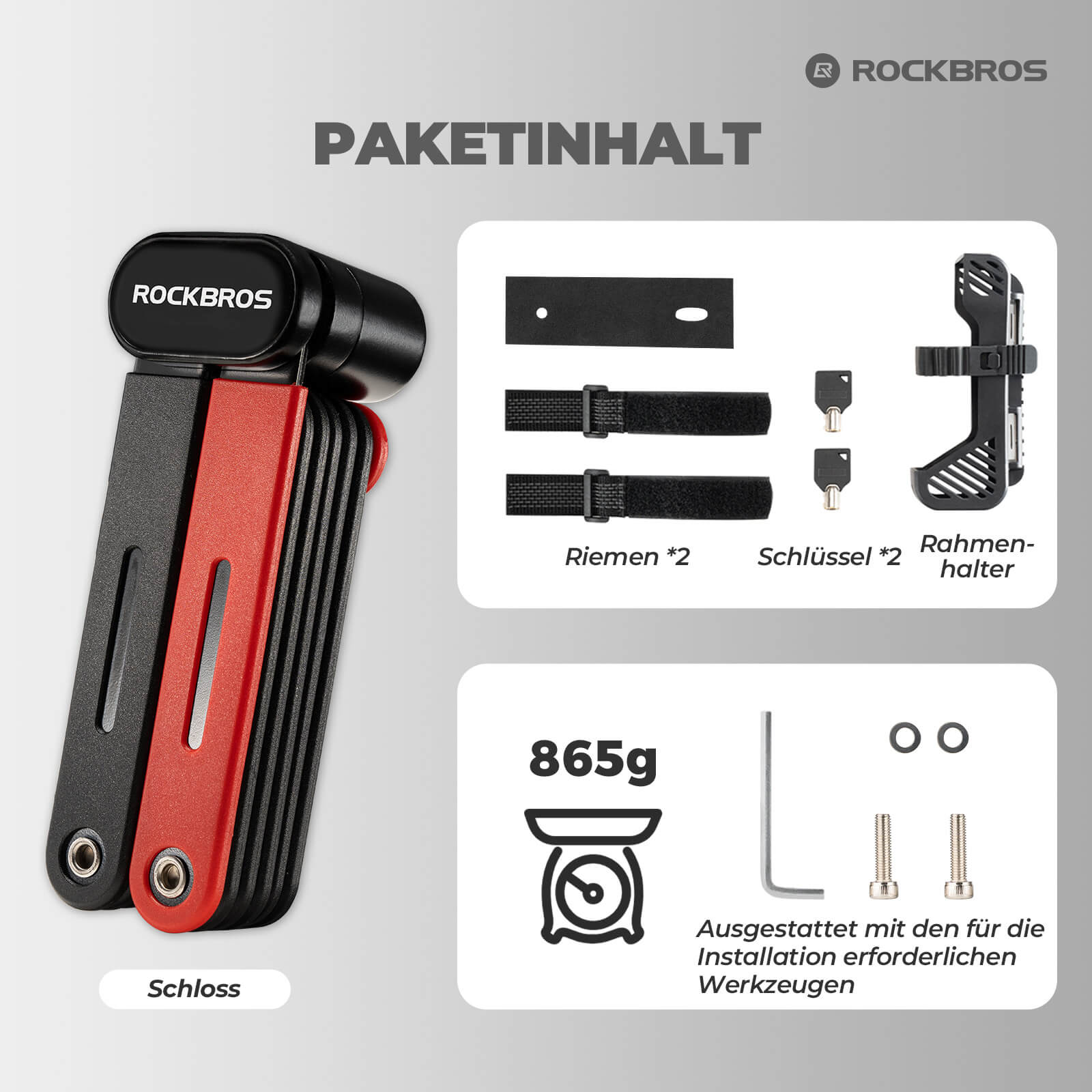 ROCKBROS Fahrrad Klapp - Fahrradschloss Robust Diebstahlschutz mit 2 Schlüsseln - Fahrradschloss ROCKBROS - EU - NooMii