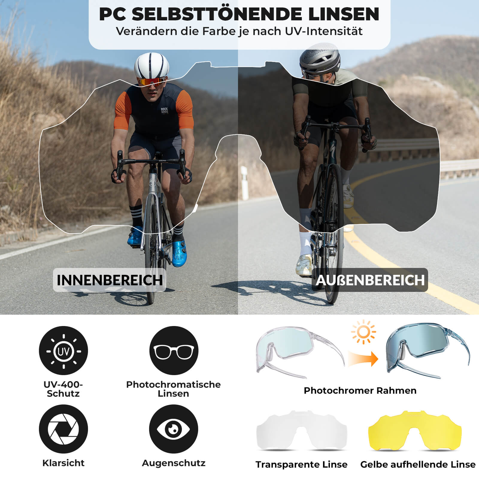 ROCKBROS Fahrradbrille Selbsttönende Sonnenbrille UV - Schutz Wechsel - Nasenpads Damen/Herren - Fahrradbrille ROCKBROS - EU - NooMii