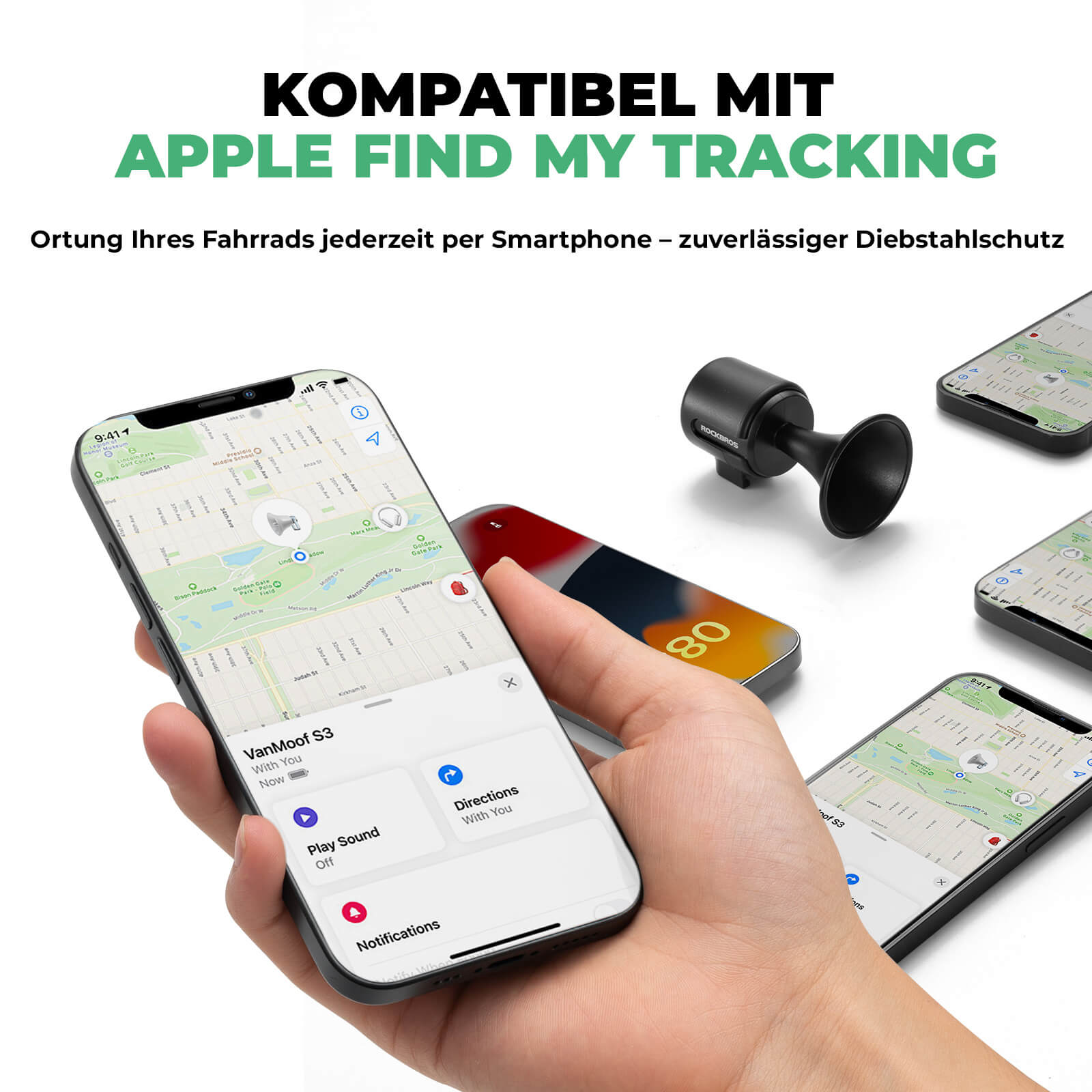 ROCKBROS Fahrradklingel Elektrisch 120dB Ton IPX5 Wasserschutz Smartphone Tracking - Fahrradklingel ROCKBROS - EU - NooMii