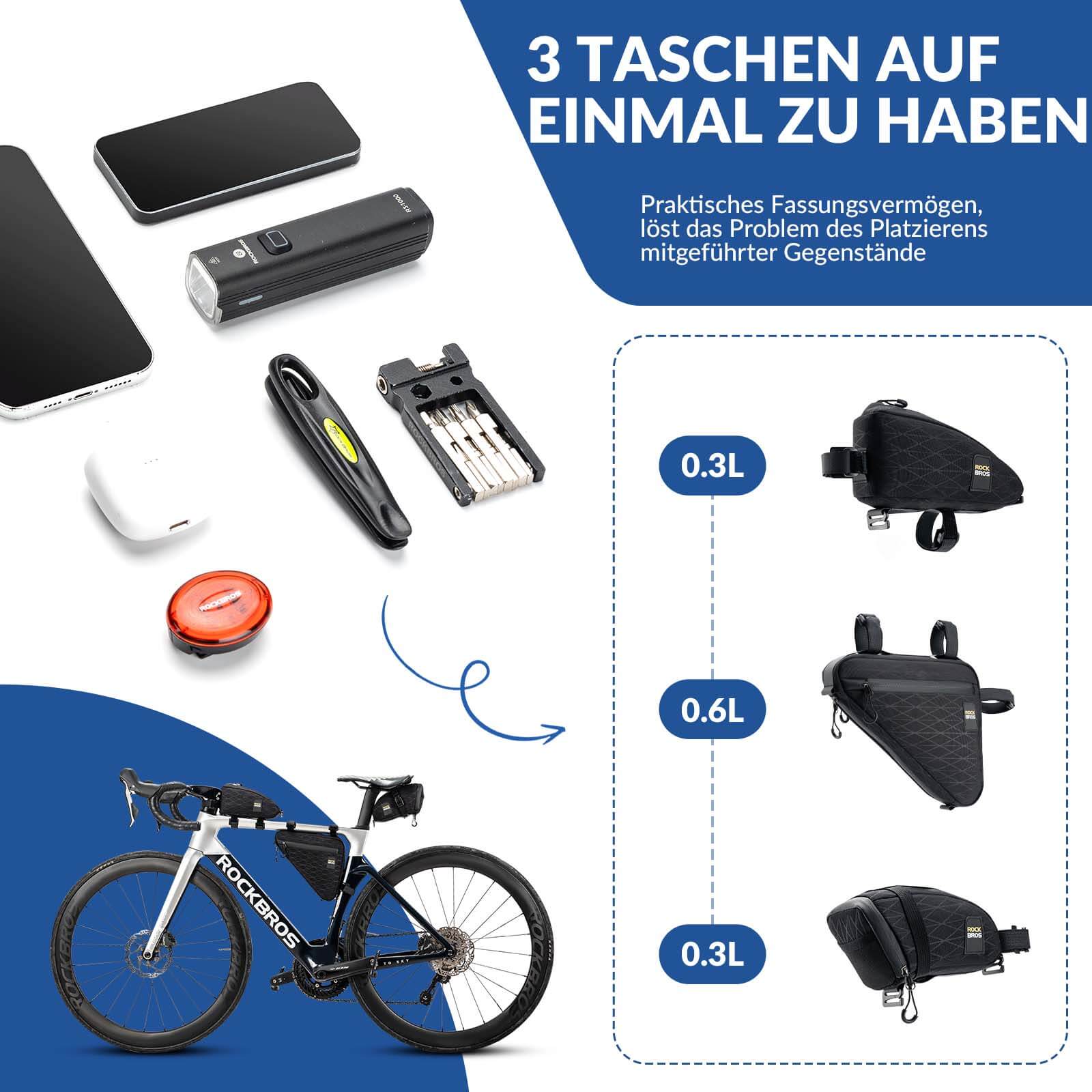 ROCKBROS Fahrradtasche Set Rahmentasche*2+Satteltasche*1 mit Verstellbarer Schultergurt 1,2L - Fahrradtaschen ROCKBROS - EU - NooMii