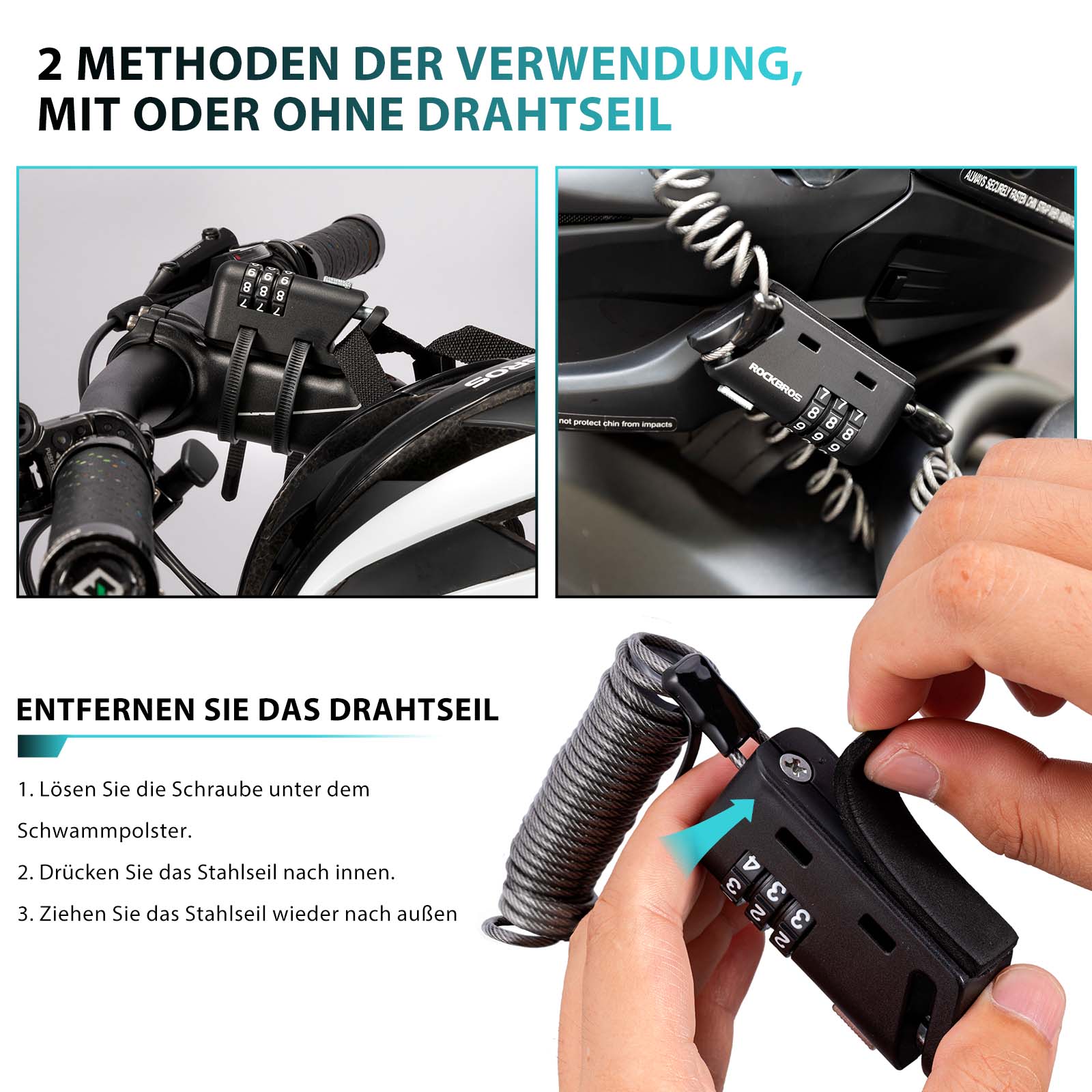 ROCKBROS Helm schloss 150 cm Zahlenschloss 3 - stellig Zahlencode - Fahrradschloss ROCKBROS - EU - NooMii