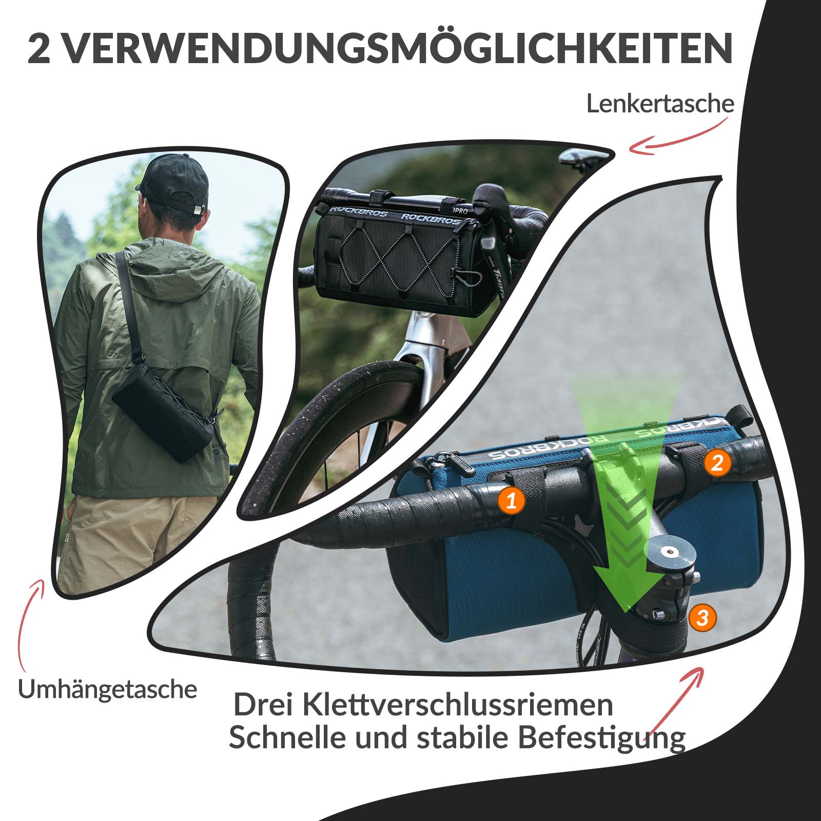ROCKBROS Lenkertasche Multifunktionale Fahrradlenkertasche mit Schultergurt 1,5L - Fahrradtaschen ROCKBROS - EU - NooMii