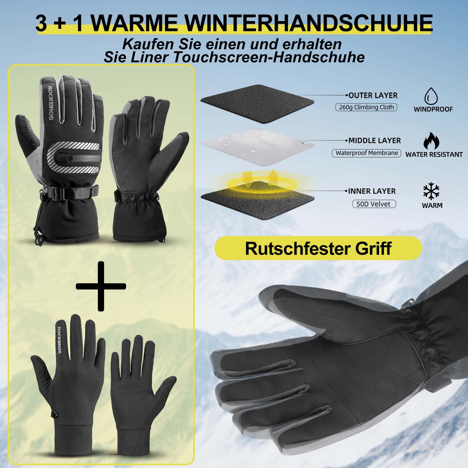 ROCKBROS Skihandschuhe 2 in 1 Winddicht Warme Handschuhe Schwarz M - 2XL - Fahrradhandschuhe ROCKBROS - EU - NooMii