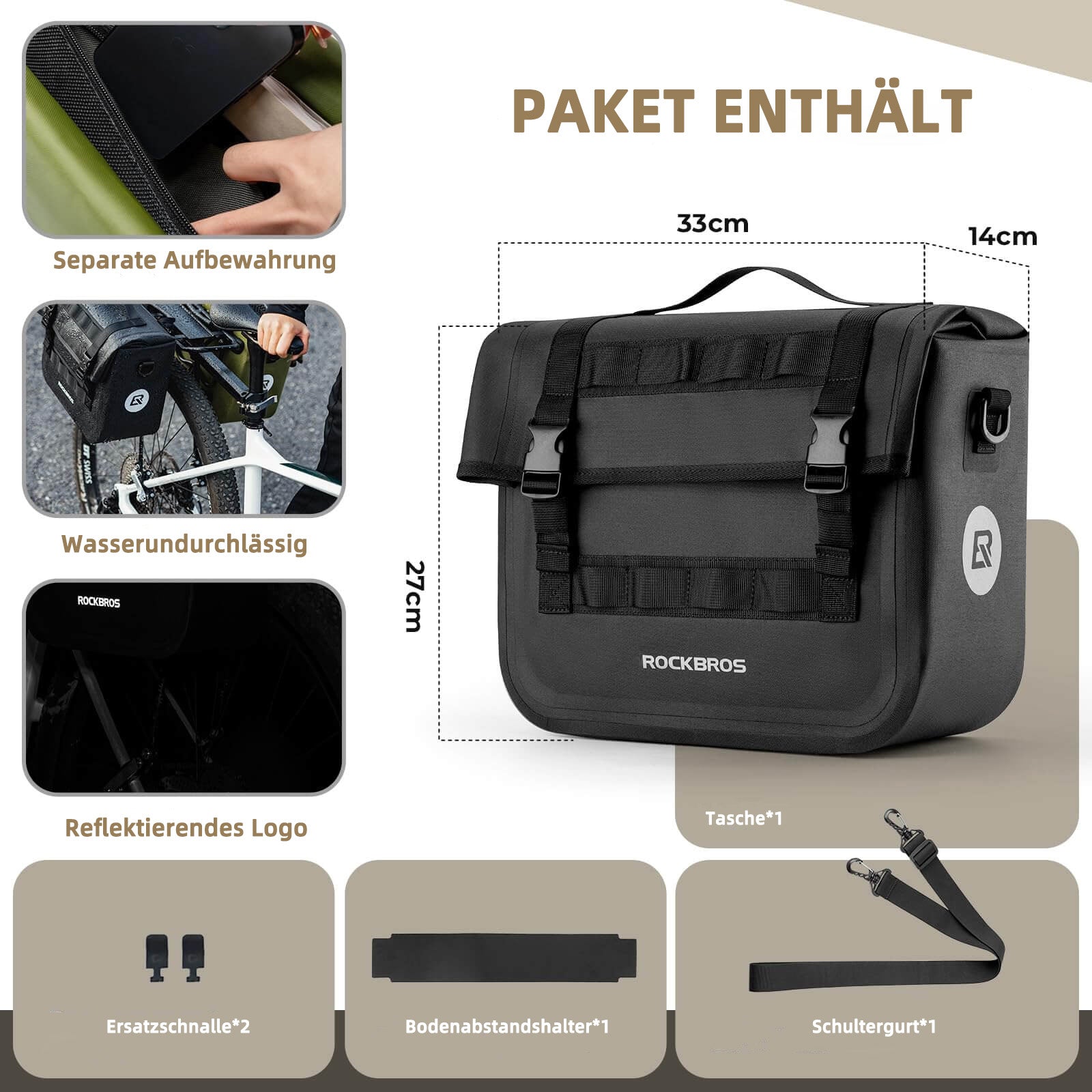 ROCKBROS Wasserdicht Fahrrad Gepäckträgertasche mit Schultergurt hinten 15L - Fahrradtaschen ROCKBROS - EU - NooMii